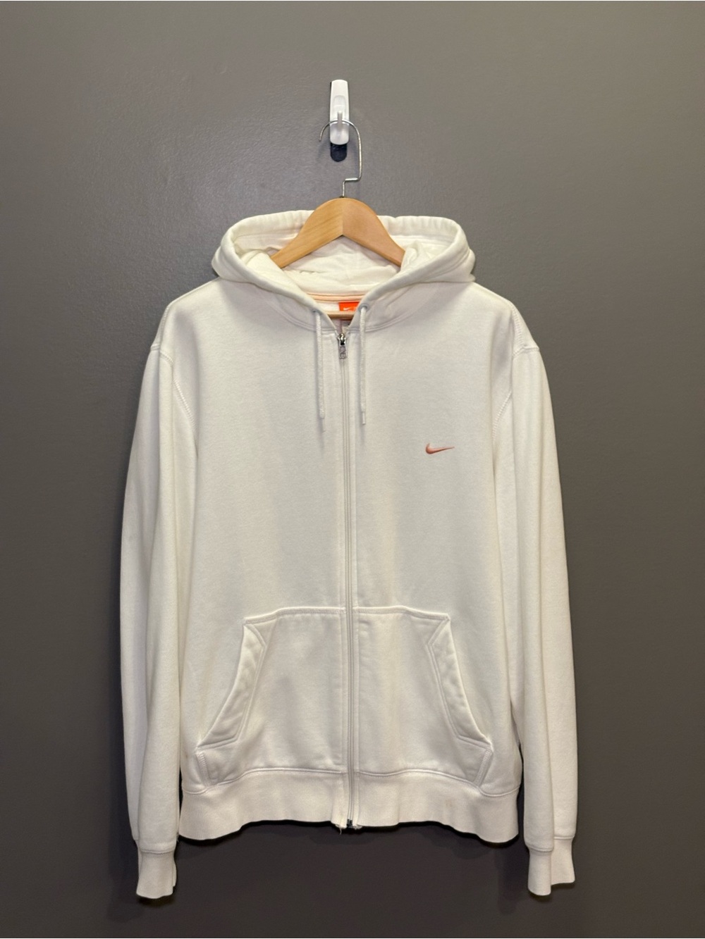 Nike White Zip-Up Hoodie with Small Coral Swoosh